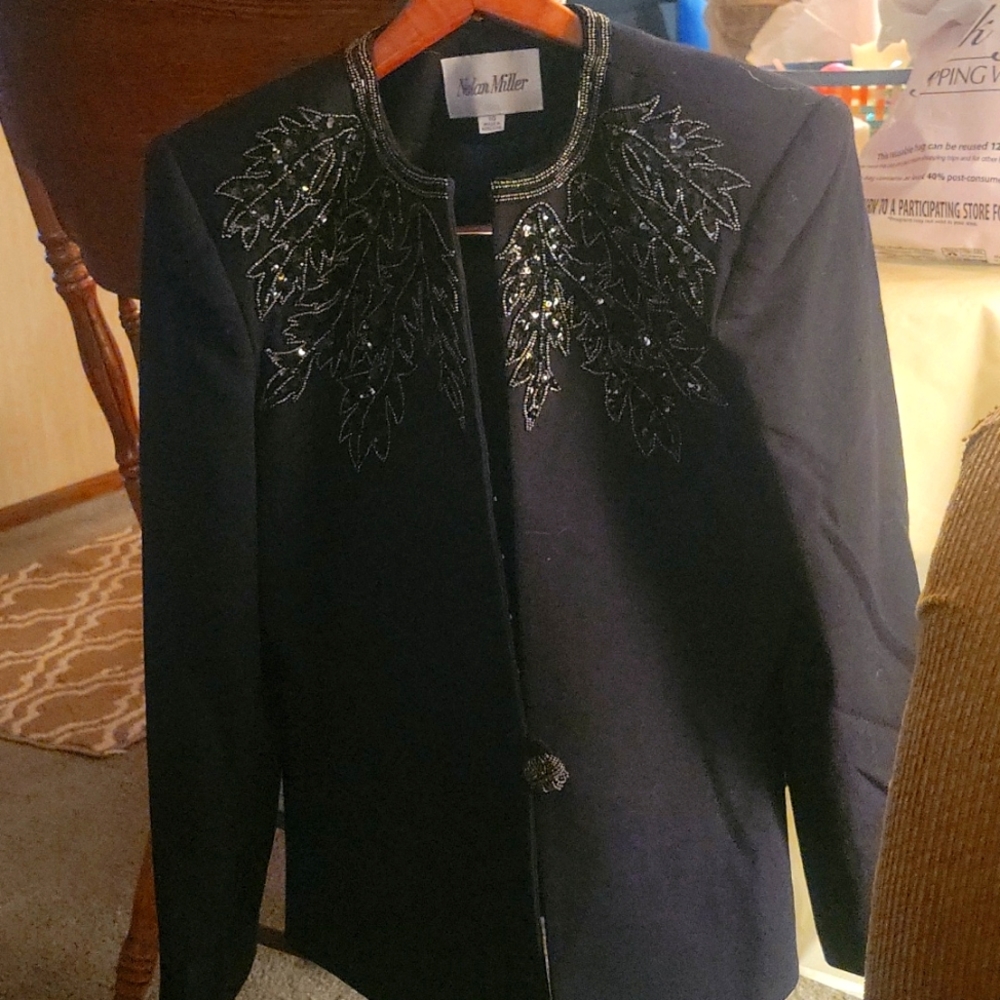 Vintage Nolan Miller 2 Piece Black Wool Suit with Beaded Blazer Size 10
